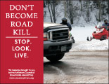 Horizontal Poster of Snowmobilers and text ‘Don't Become Road Kill. Stop. Look. Live.'